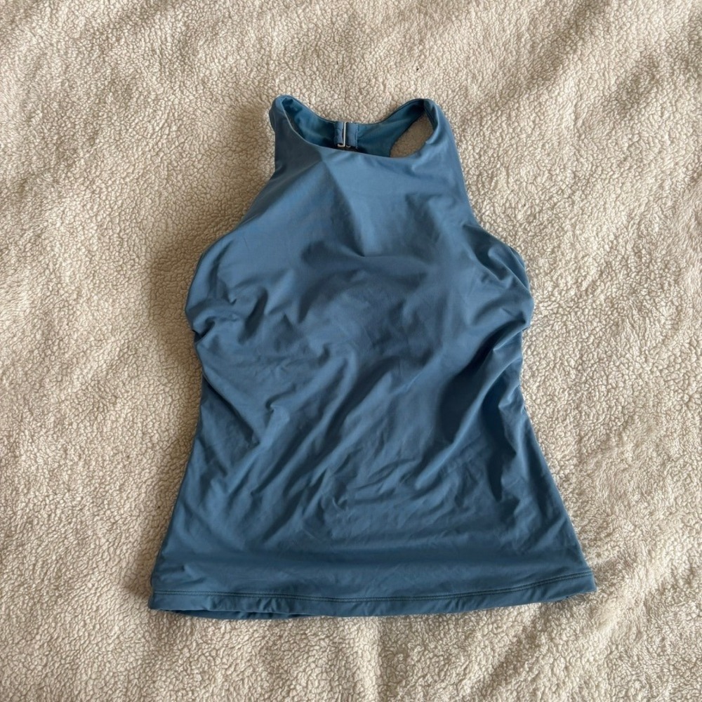 Athleta Blue High Neck Open Back Tankini Top Built-in Bra 36D/DD